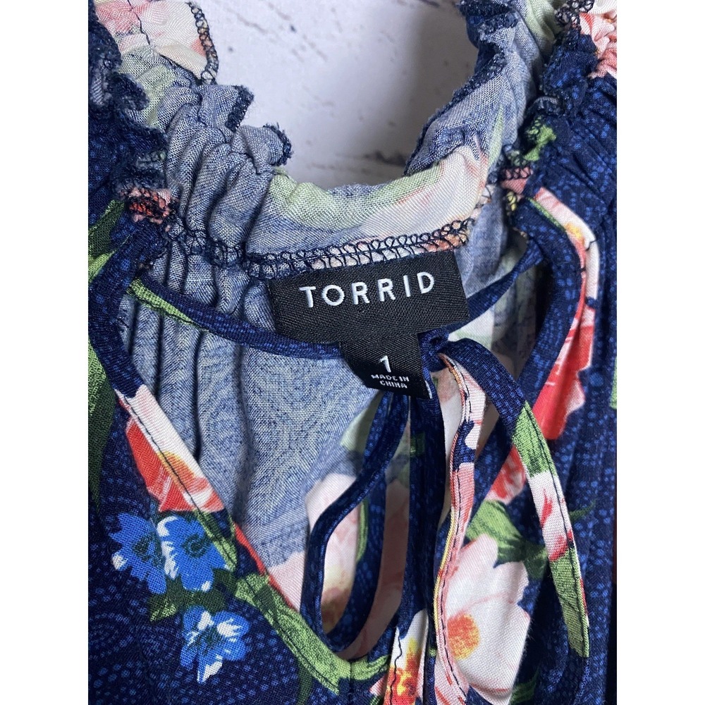 Torrid Womens 1 Sleeveless Sundress Blue‎ Floral Tie Neckline Elastic Waist - Picture 3 of 10